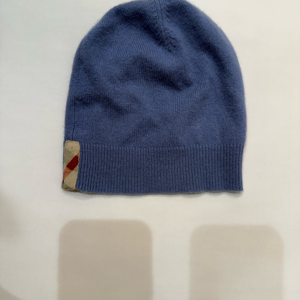 Burberry Kids Blue Cashmere Beanie with Check Detail